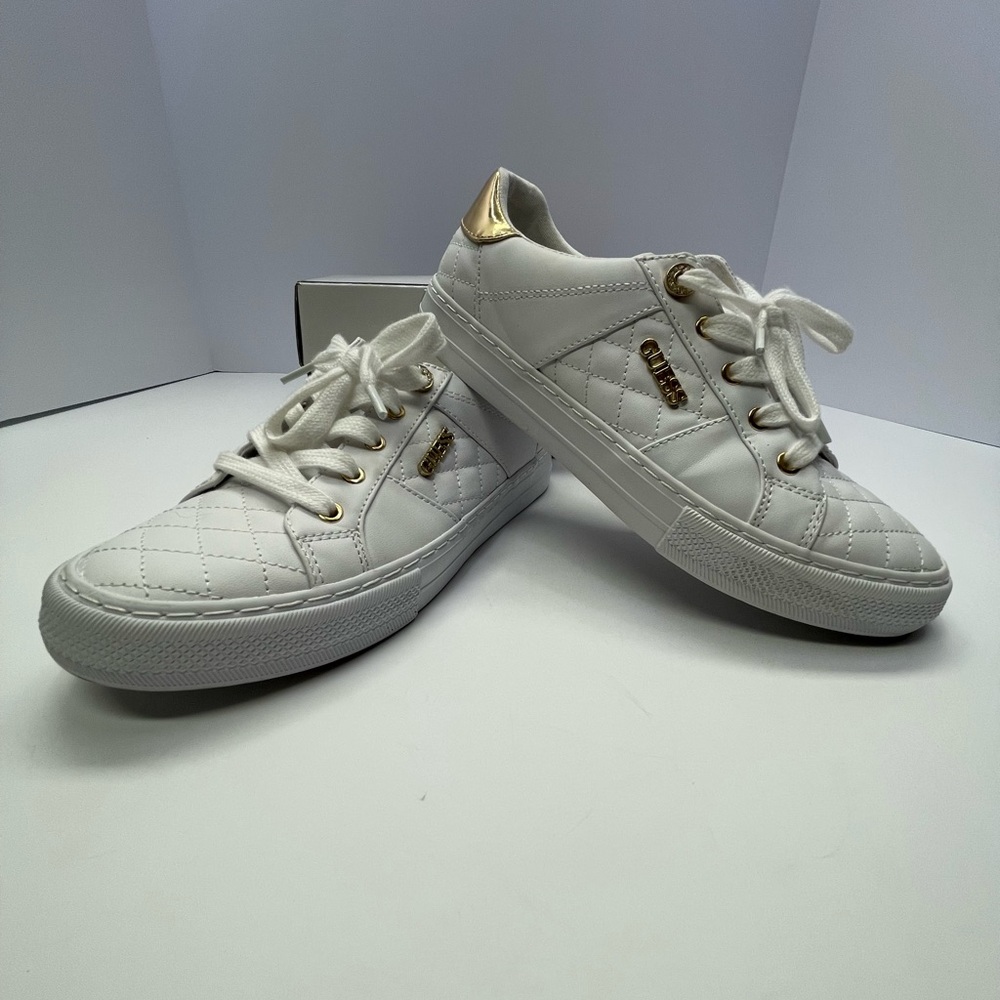 GUESS Women's Quilted White and Gold Sneakers